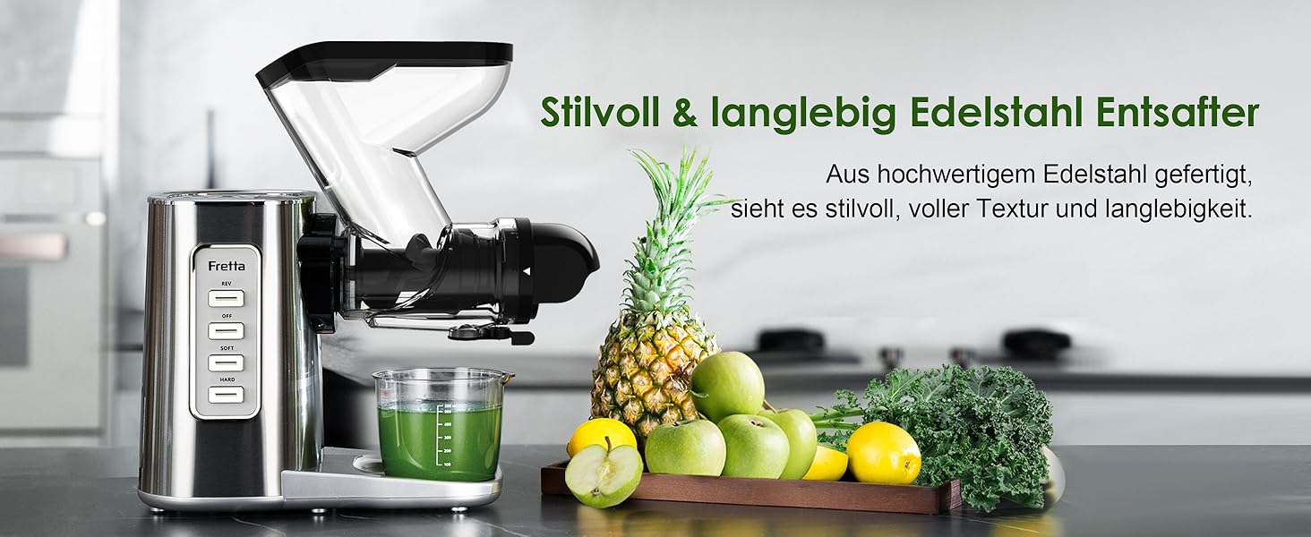 Електричний соковитискач Fretta Slow Juicer з нержавіючої сталі, 200W, Cold Press, велика завантажувальна горловина 76 мм, висока сафровидача, легке очищення, без BPA