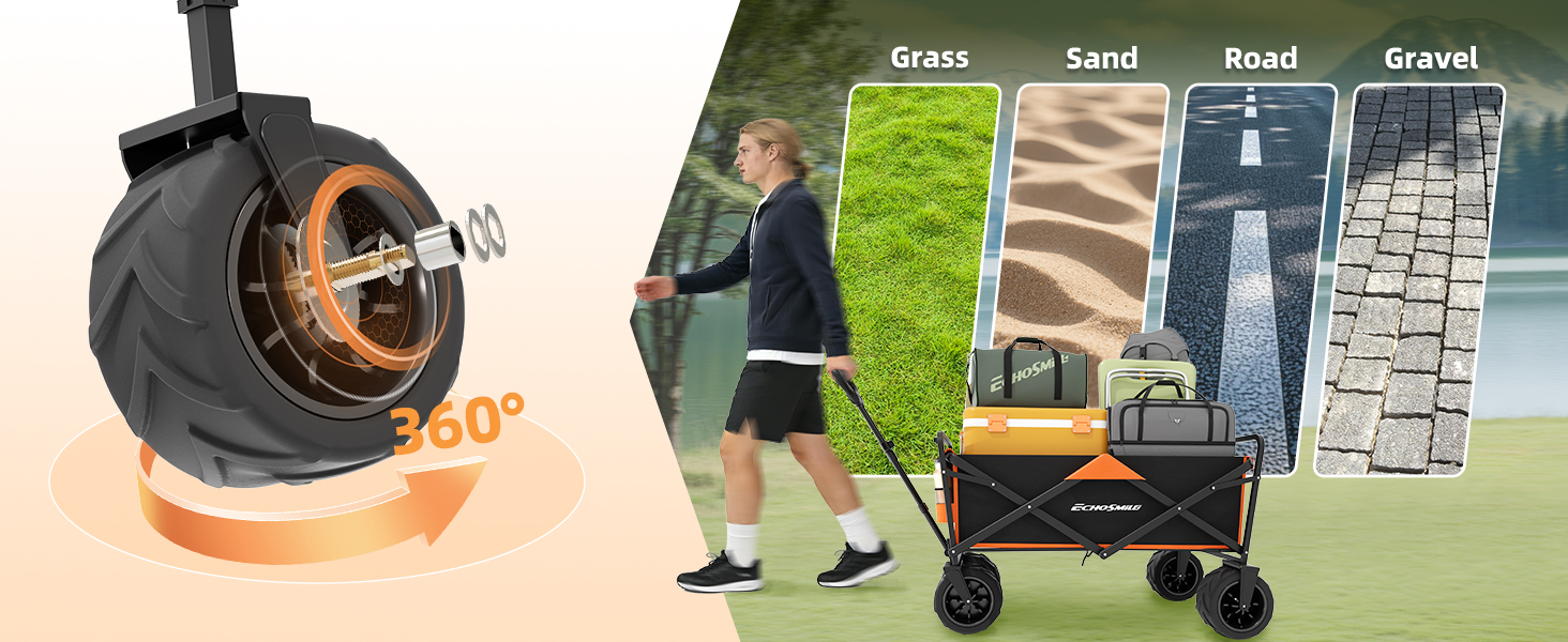 Універсальний складаний візок-телега EchoSmile Bollerwagen 200л, 160кг: для пляжу, саду, покупок (чорно-помаранчевий)