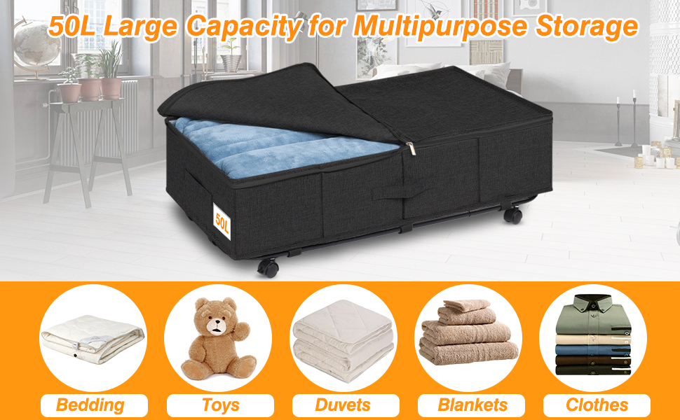 Підліжкова комода на колесах 50л, 2 шт. Складна підліжкова комода з кришкою та блискавкою, велика підліжкова система зберігання на колесах чорного кольору з металевою основою для одягу, ковдр, постільної білизни