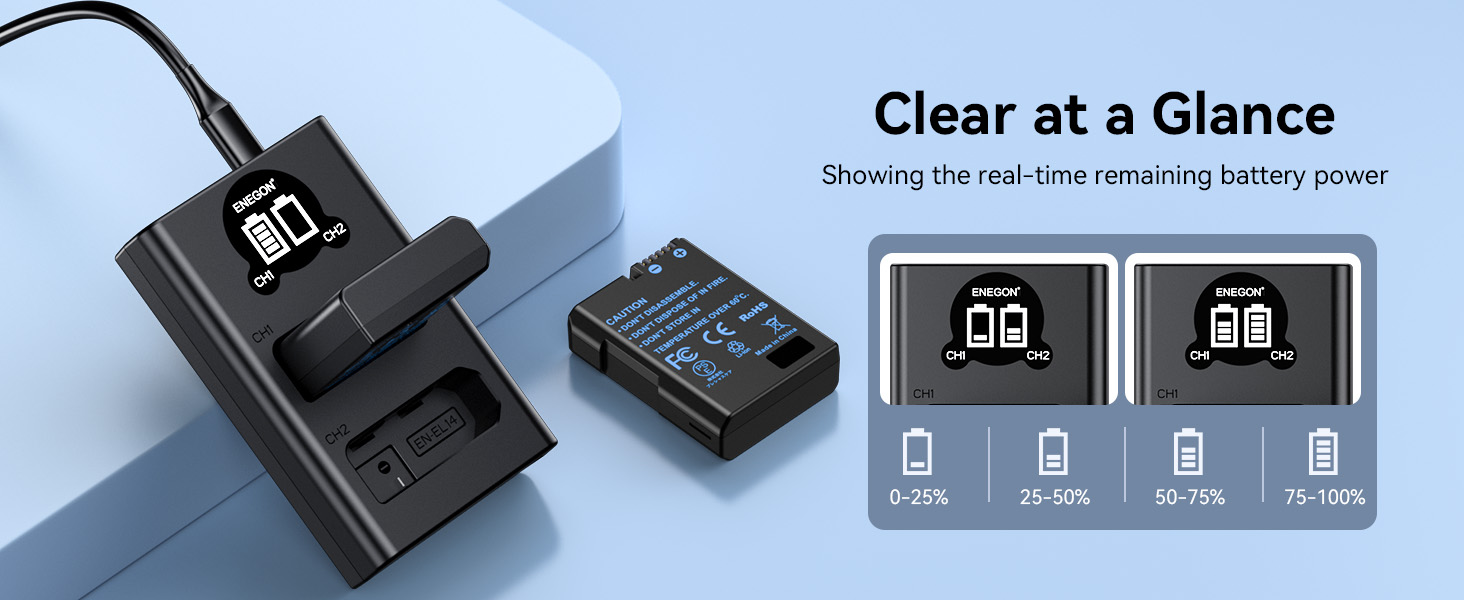 Запасний акумулятор ENEGON EN-EL14/EL14a (2 шт.) та розумне LED Dual USB зарядне пристрій для Nikon DSLR D3100, D3200, D3300, D3400, D3500, D5100, D5200, D5300, D5500, D5600, DF Coolpix P7000, P7100, P7700, P7800