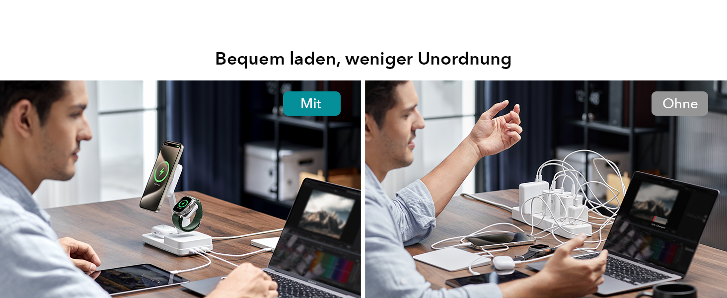 Зарядний пристрій ESR 65W GaN 6-в-1 з підтримкою MagSafe, білий. Сумісний з iPhone 17/16/15/14/13/12, Apple Watch, AirPods та USB A/C пристроями