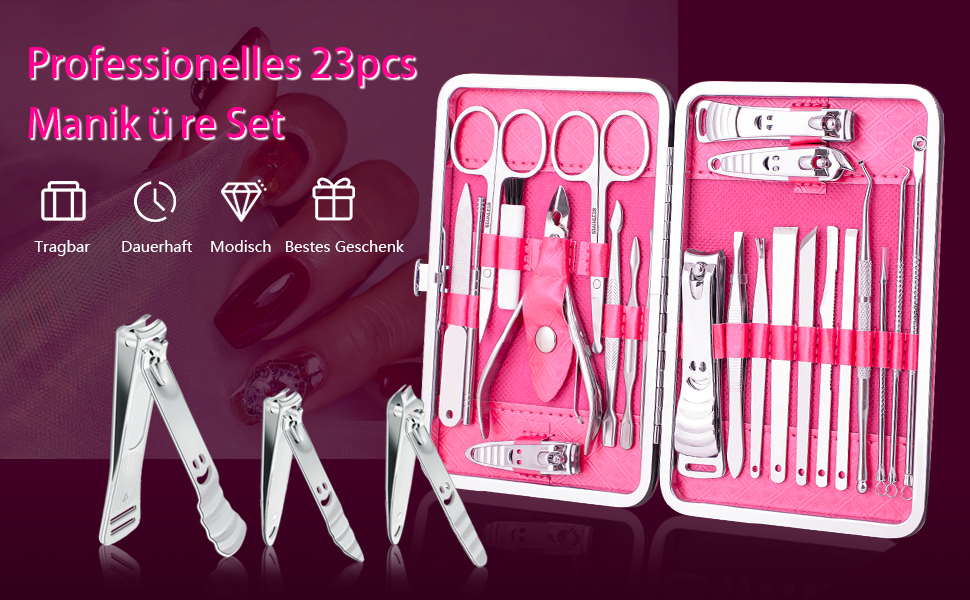 Набір для манікюру та педикюру 23 шт. Професійний набір для стрижки нігтів з нержавіючої сталі з подарунковою шкіряною сумочкою (Рожевий/Сріблястий)