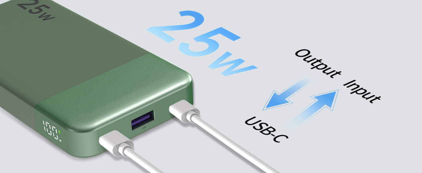 Power Bank Nobis 10000mAh 25W з USB-C кабелем, цифровою індикацією, зелений