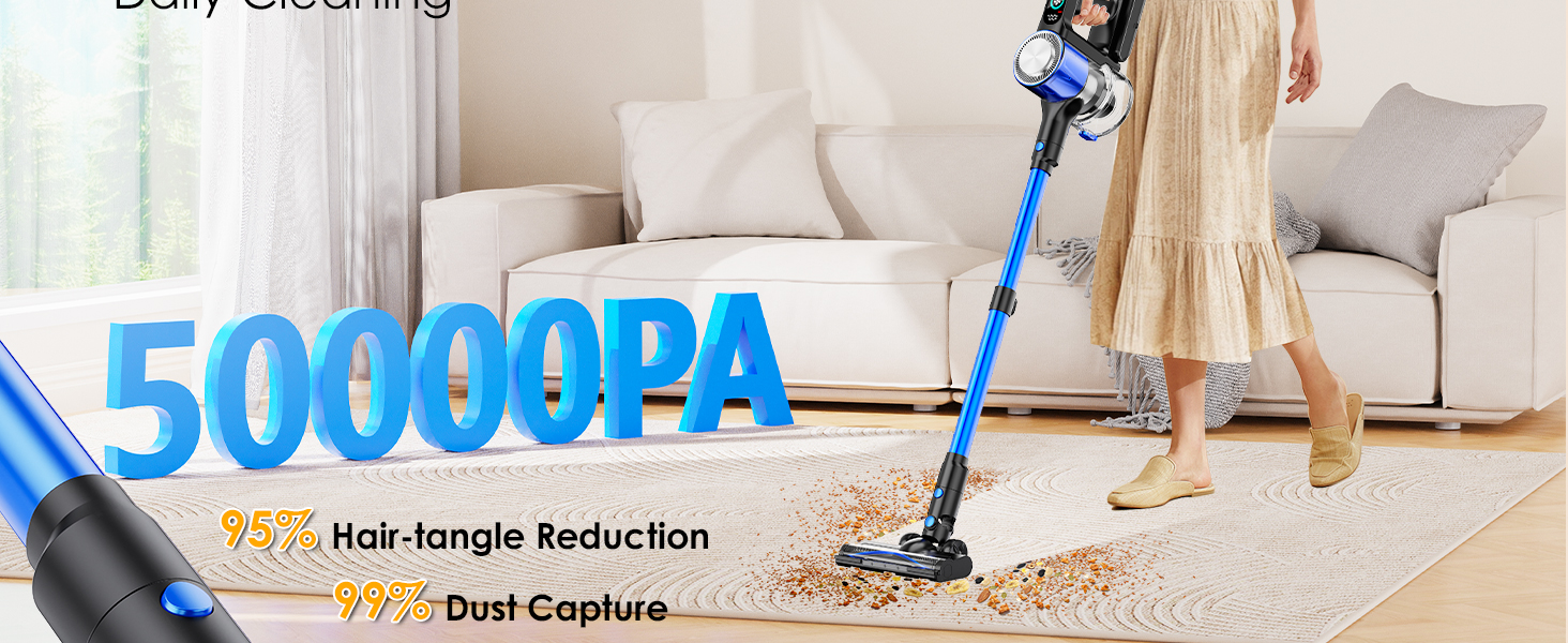 Бездротовий акумуляторний пилосос 50000Pa/500W з дисплеєм, 3 режими, антизаплутувальна щітка, док-станція, 1л, тихий, для шерсті тварин/килимів/підлоги/авто