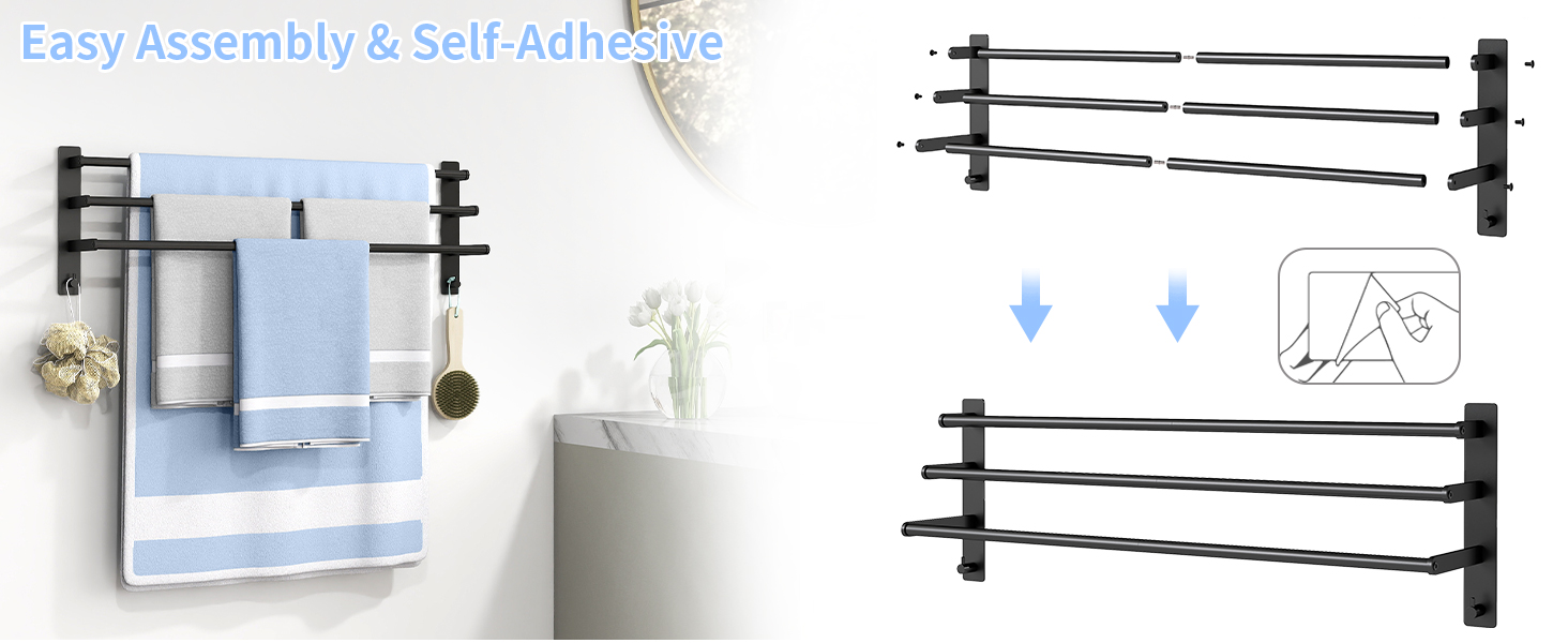 Тримач для рушників 80 см без свердління, чорний, з 3 стержнями, з нержавіючої сталі, з 2 гачками
