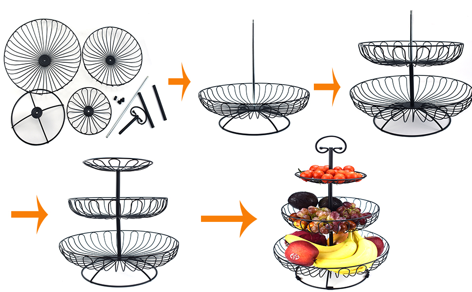 Металевий кошик для фруктів та овочів з ручкою - 3 яруси, великий, з нержавіючої сталі, з циркуляцією повітря (45 см, Ø30-24-16.5 см), золотий