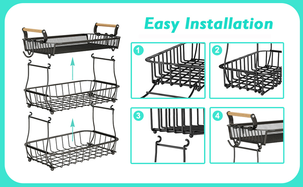 3-Tier Fruit Basket with 2 Banana Hangers for Kitchen Countertop, Vegetable Counter, Storage Holder, Large Capacity, Metal Wire, Fruit Stand, Organizer for Onion, Snack, Black