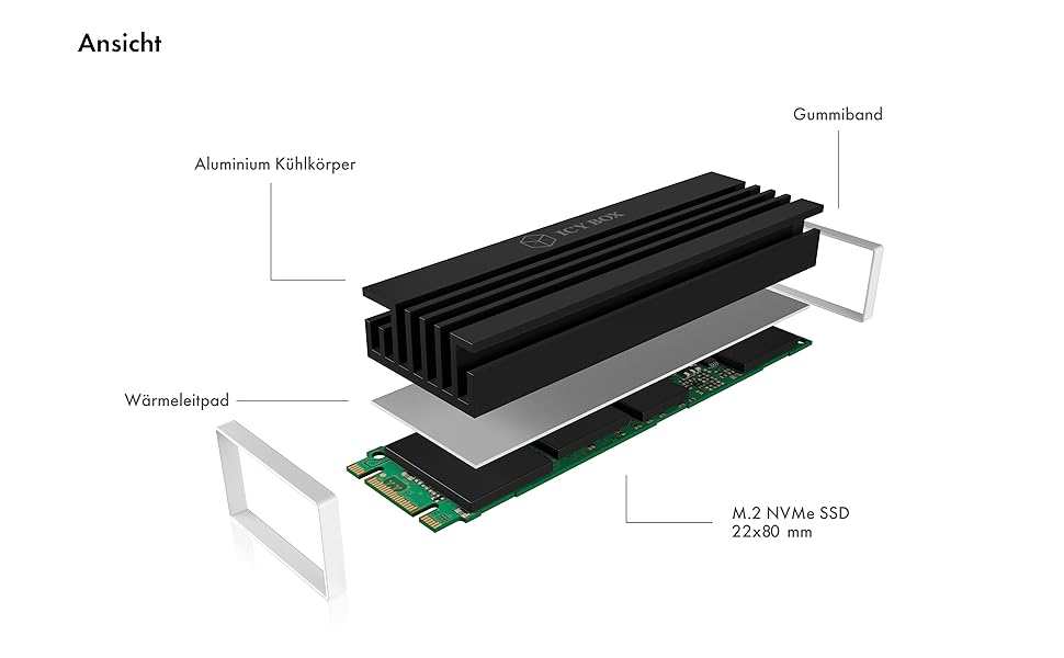 Охолоджувач для M.2 SSD ICY BOX, 2280, без вентилятора, з алюмінію, чорний