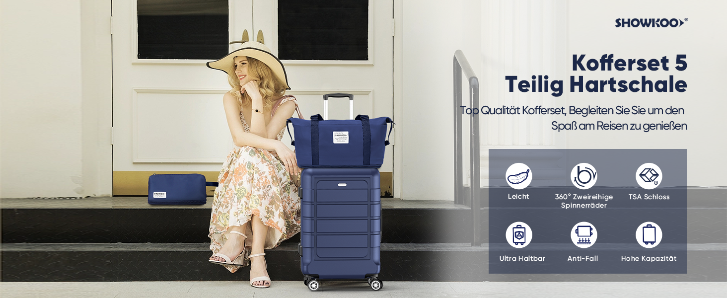 Набір валіз SHOWKOO 5 шт. з жорстким корпусом, ABS+PC, розширюваний, для подорожей, з TSA-замком, 4 колеса, з сумкою та органайзером, блакитний