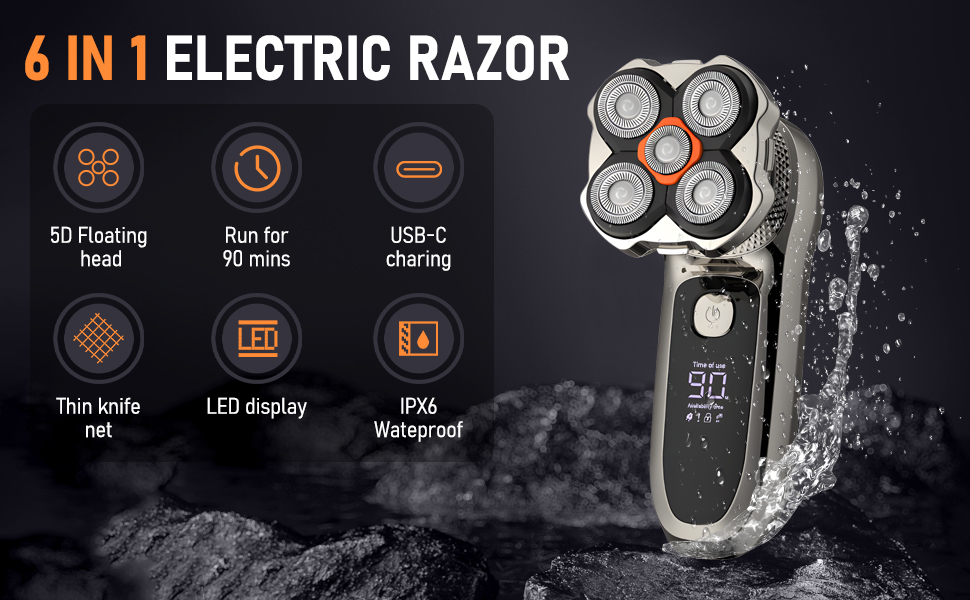 Електричний гоління для чоловіків Glatzen 6-в-1 з тримером для носа, для сухого та вологого гоління, USB-C, LED дисплей, IPX6