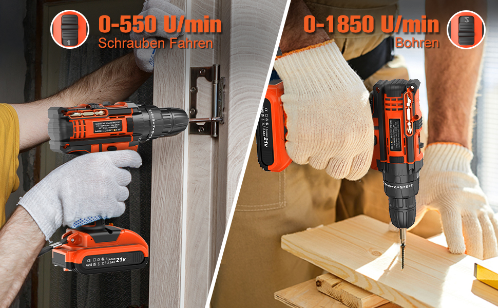 Акумуляторний шуруповерт AKZWOXRO 21V з 2 акумуляторами 2.0Ah, 42Nm, 2 швидкості, 25+3 ступені крутного моменту, патрон 10мм, LED, 30шт аксесуарів для дому та саду, помаранчевий колір