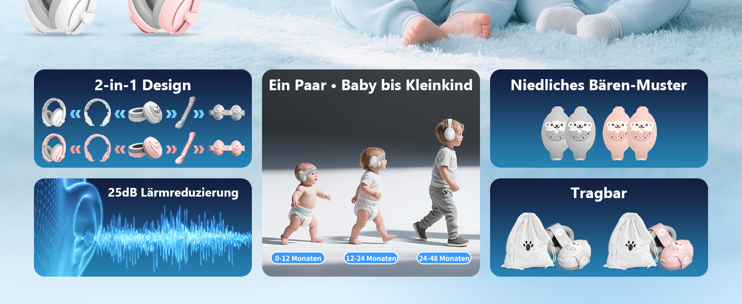 Навушники для дітей, захист вух, 2-в-1, шумопоглинання, сірий колір