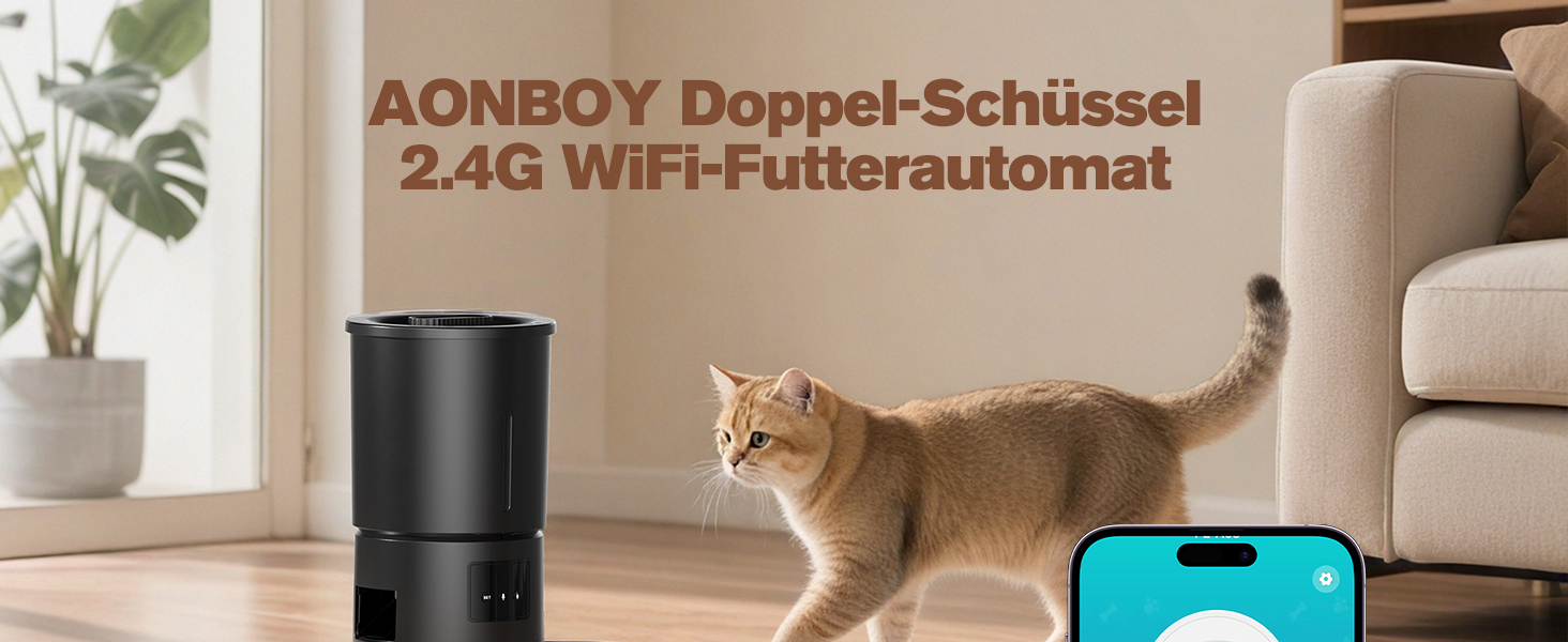 Автоматичний годівник для котів AONBOY з 2 мисками та Wi-Fi: 5L, таймер, для сухого корму, чорний, з двома мисками для котів та собак