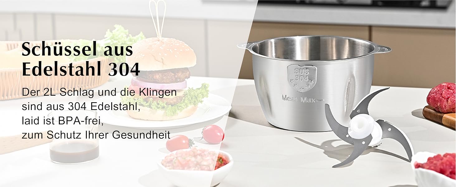 Електричний подрібнювач Zerkleinerer Kitchen in the Box 400W зі скляною (1л) та сталевою (2л) чашами для м'яса, овочів, фруктів та дитячого харчування, сріблястий