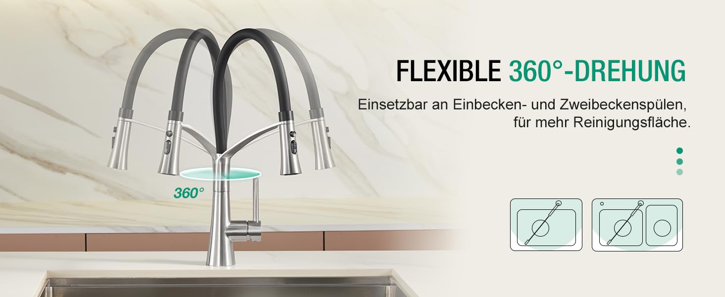 Кран кухонний CREA з 3 функціями: душ, висувна лійка, поворотний вилив, чорний, нержавіюча сталь
