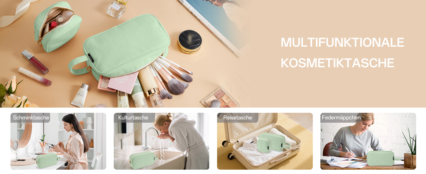 Косметичка жіноча KALIDI з корду, зелена, з відділеннями, на блискавці, для подорожей