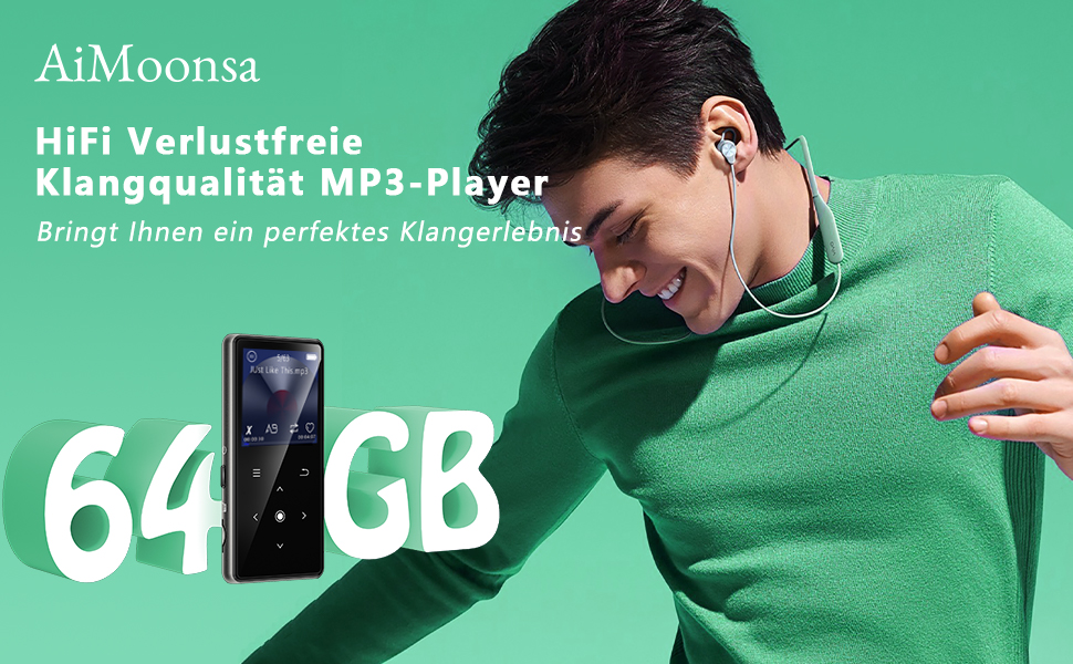 MP3-плеєр AiMoonsa 64GB з Bluetooth 5.2, FM-радіо, HiFi-звук, E-Book, вбудований HD-динамік та функцією запису голосу, чорний