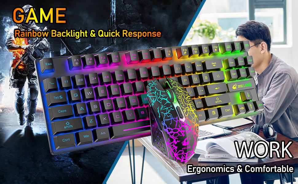Механічна ігрова комбо клавіатура та миша з підсвічуванням Rainbow: клавіатура 87 клавіш, миша 2400DPI з 6 кнопками, та килимок для миші (чорний)