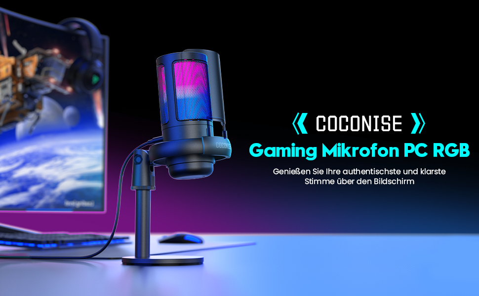 Ігровий мікрофон COCONISE RGB для ПК, стримінгу, подкастів, PS4/PS5, Mac. USB мікрофон з регулюванням гучності та навушником 3.5 мм, з підставкою