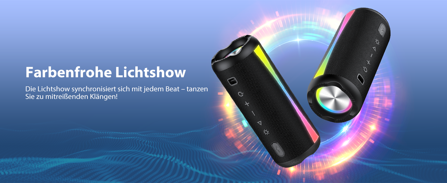 Bluetooth колонка з RGB підсвіткою, IP7 водонепроникна, 20 год автономії, потужний бас - Black