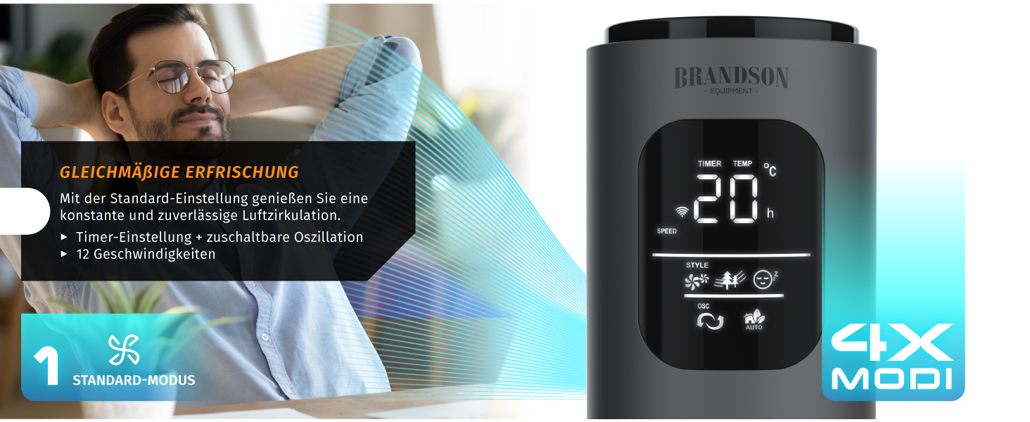 Brandson ECO Tower Fan - Silent DC Motor, 12 Speed, Remote Control, Timer, Energy Efficient, Cool Grey