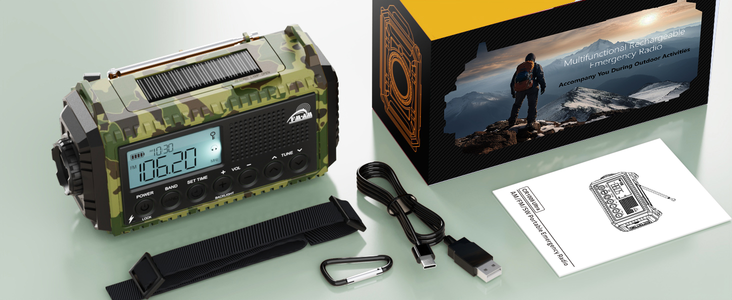 Радіо Kurbelradio на сонячній батареї та з ручкою, 12000mAh, AM/FM/SW, USB-зарядка, SOS-сигнал, ліхтарик, для кемпінгу та надзвичайних ситуацій, зелений камуфляж