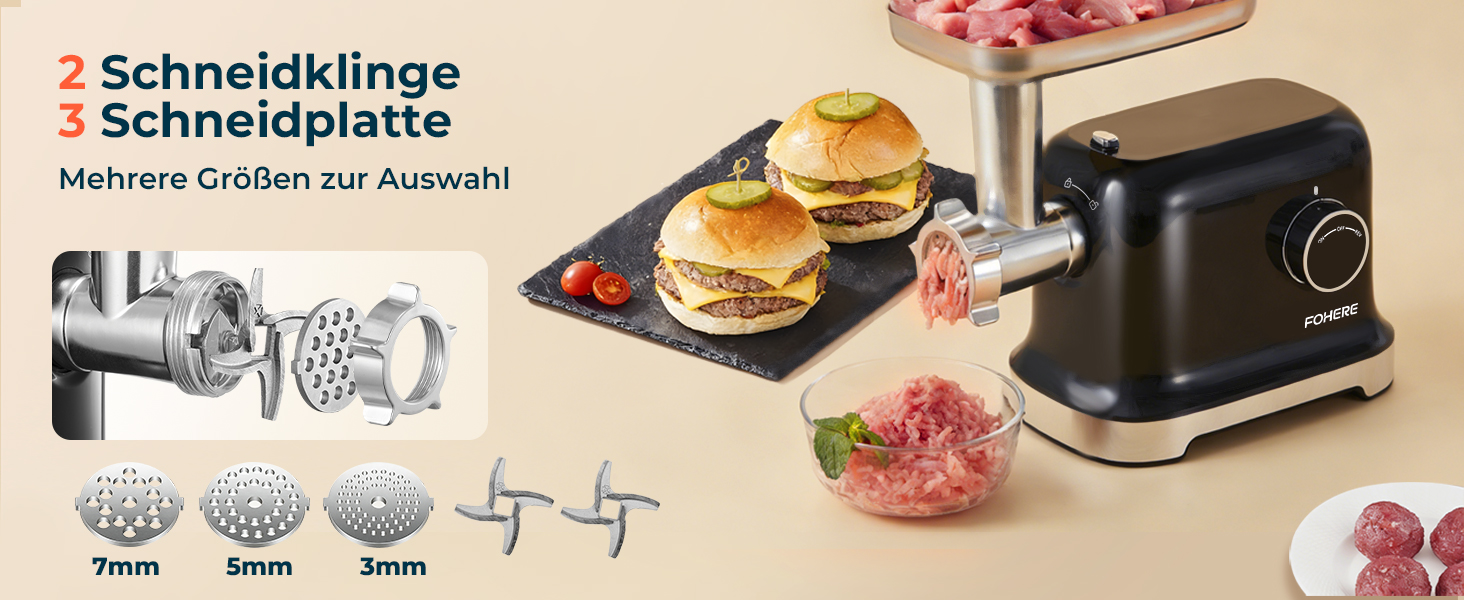 М'ясорубка електрична Fohere 2000 Вт з насадками для ковбас та кубів, 3 диски (7/5/3 мм), чорна