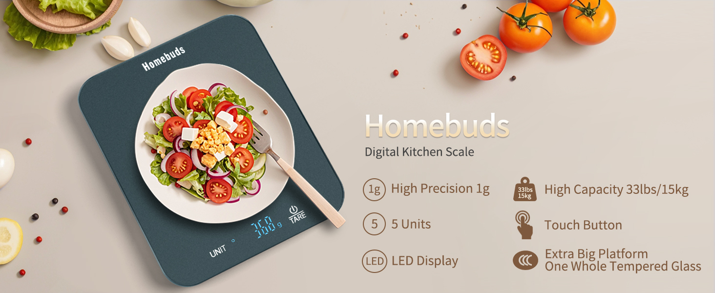 Кухонні ваги Homebuds 15 кг, цифрові, з LED-дисплеєм, грам/унція, точність 1 г/0,1 унції, для випічки та приготування їжі, з загартованого скла, синій