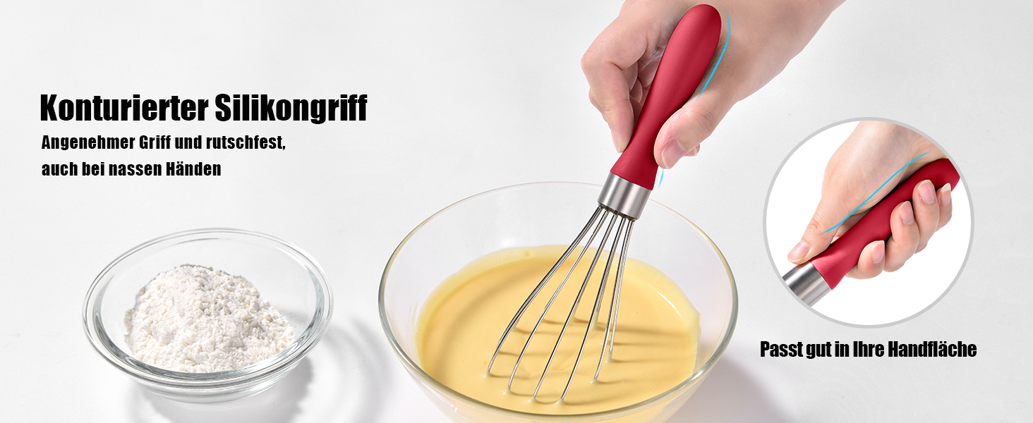 Міксер ручний Doosu 28 см з нержавіючої сталі, 8 гнучких дротів для збивання, перемішування та приготування їжі (червоний)