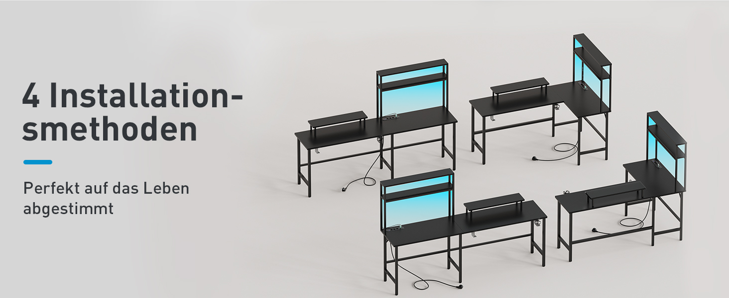 Ігровий стіл кутовий 150x100 см з 3 розетками та 2 USB, зворотний, з LED підсвічуванням, з ящиками та підставкою для монітора. Стіл для геймінгу, офісу, дому. (150 x 100 см, карбон)