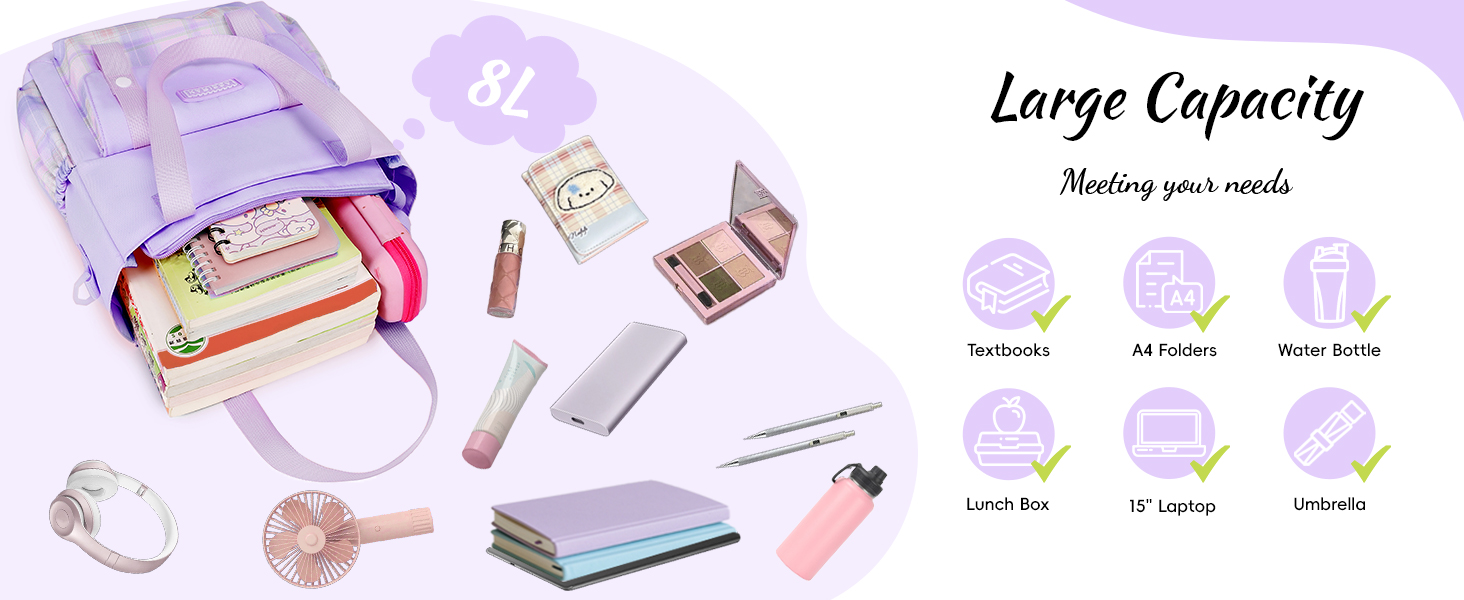 Шкільний рюкзак Tanou для дівчаток-підлітків, великий набір з сумкою через плече, в клітинку, 26L, блакитний