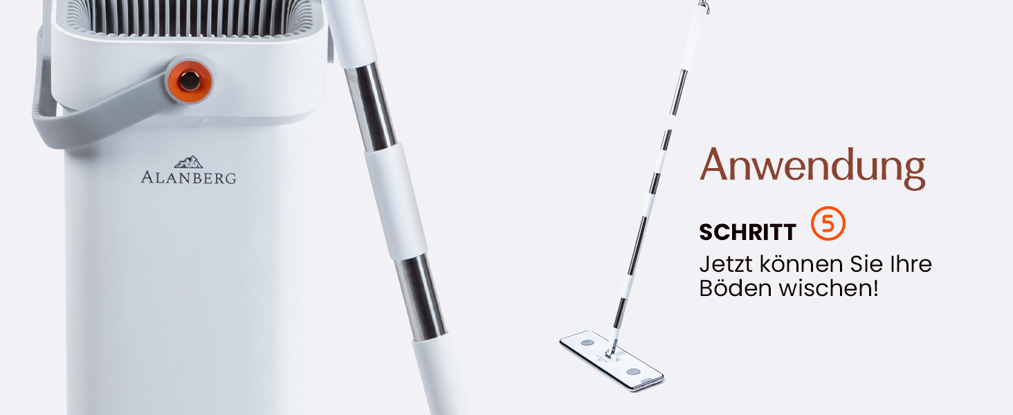Набір для миття підлоги XL з відром, 2-камерна система, телескопічна ручка 143-181 см, плоский моп 40 см, самовіджимання з видаленням шерсті тварин та 2 мікрофібровими накладками, білий – ALANBERG®