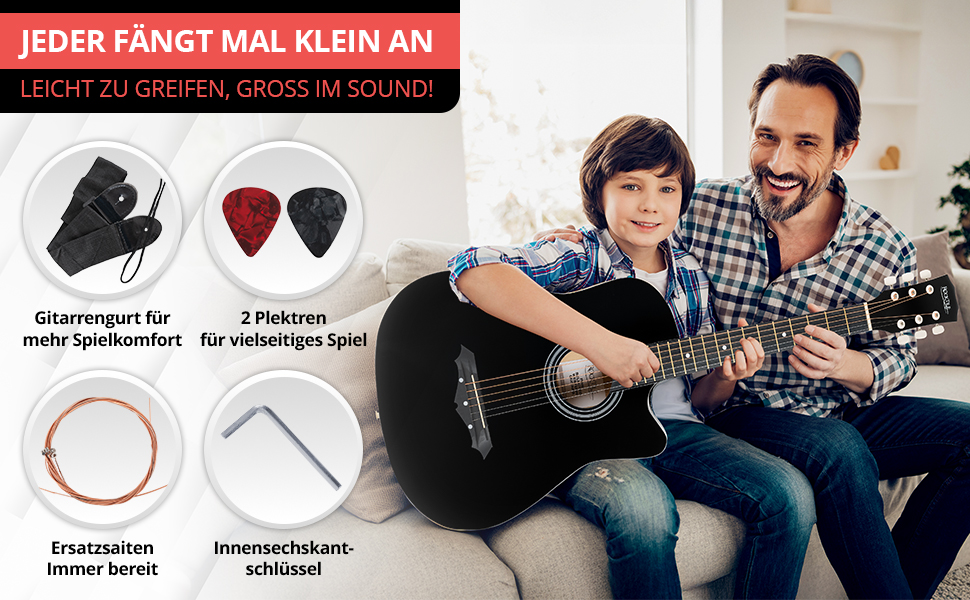 Rocktile WSD-5C-BK: Акустична гітара Western Slim Line - Комплект з чохлом, струнами, ременем та медіатором (Чорний)