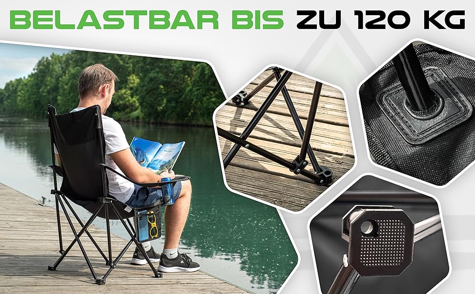 Крісло для кемпінгу MOUNTREX складне (до 120 кг) - регульовані підлокітники, для риболовлі, пляжного відпочинку, компактне та легке, з підстаканником та сумкою, чорне
