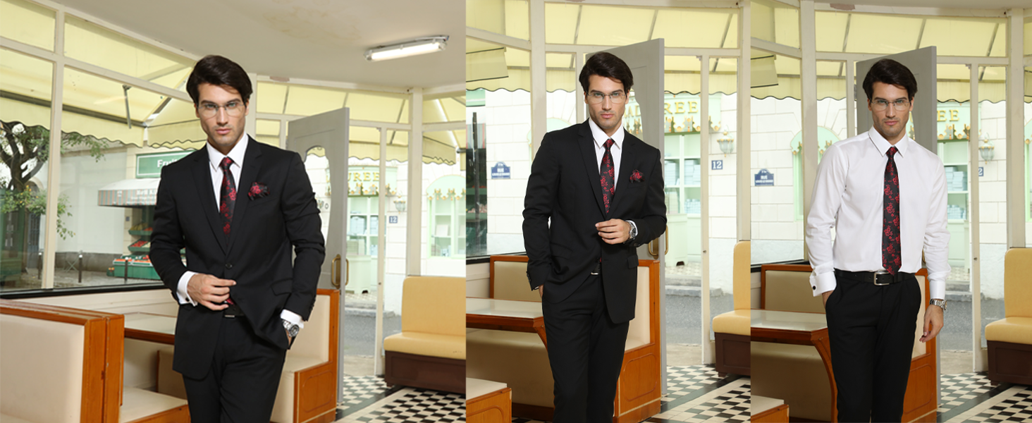 Чоловіча краватка HISDERN 160 см з кишеньковим хустиком. Набір для весілля, бізнесу. Шовкова краватка з квітковим принтом чорного та червоного кольорів.