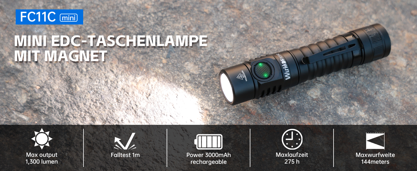 Ліхтар LED Wurkkos FC11-C, 1200 Люмен, USB-C, перезаряджається, 90 CRI, 5000K, магнітний, з акумулятором