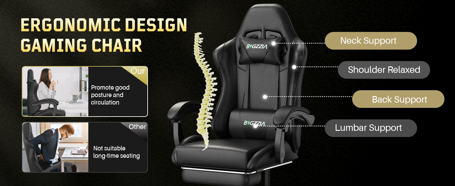 Ігрове крісло Bigzzia Ergonomic Gaming Stuhl з підніжкою та функцією масажу, чорне