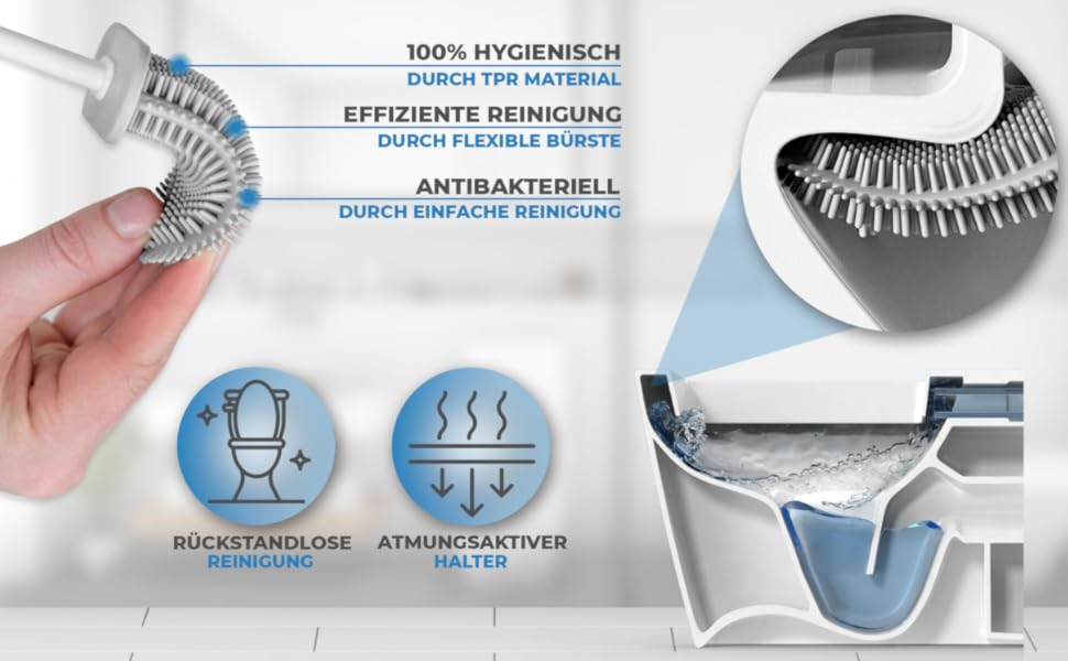 Силіконова щітка для унітазу MUVEN® з плоскою та гнучкою насадкою, швидковисихаючий тримач та гумові виступи - щітка для унітазу на стіну без свердління (білий, матовий)