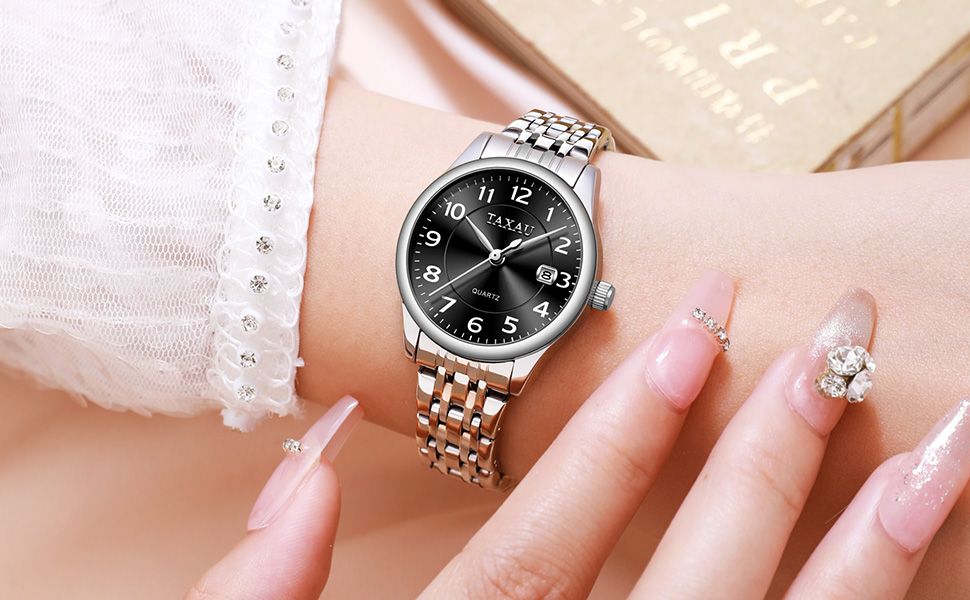 Жіночий годинник з арабськими цифрами, маленьке циферблат, Easy Read, з датою, з нержавіючої сталі, водонепроникний, сріблястий браслет, чорний циферблат (L8863G)