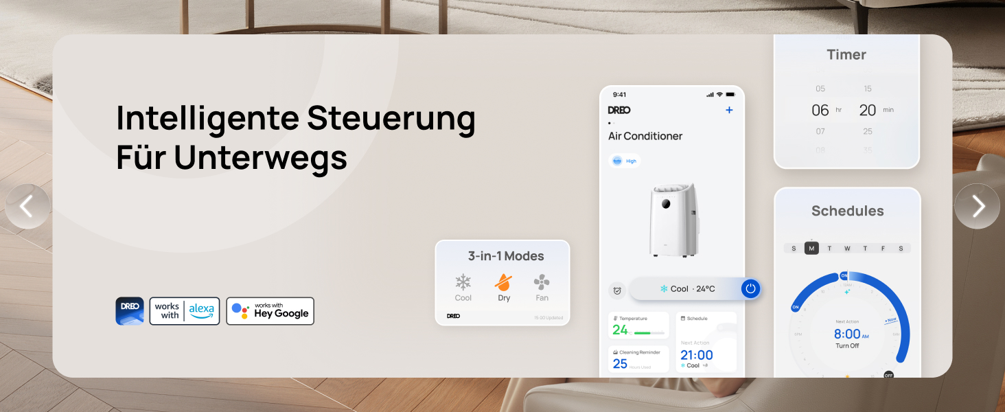 Портативний кондиціонер DREO 10000 BTU з охолодженням без дренажу, керуванням через додаток/голос/пульт, таймером 24 год та функцією вентилятора та осушувача повітря, AC515S