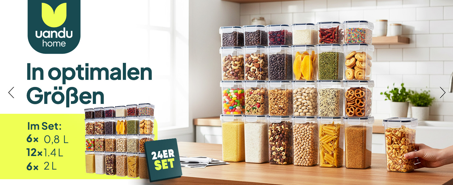Набір контейнерів для зберігання Uandu з кришкою, 24 шт. BPA Free, для кухні: мюслі, борошно, цукор, з ручкою та етикеткою чорного кольору
