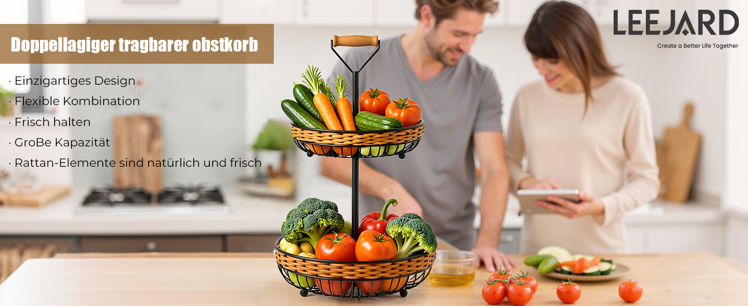 Двоярусний кошик для фруктів LEEJARD з синтетичного ротангу, знімний піддон, чорний (H:45 Dm:29 см)