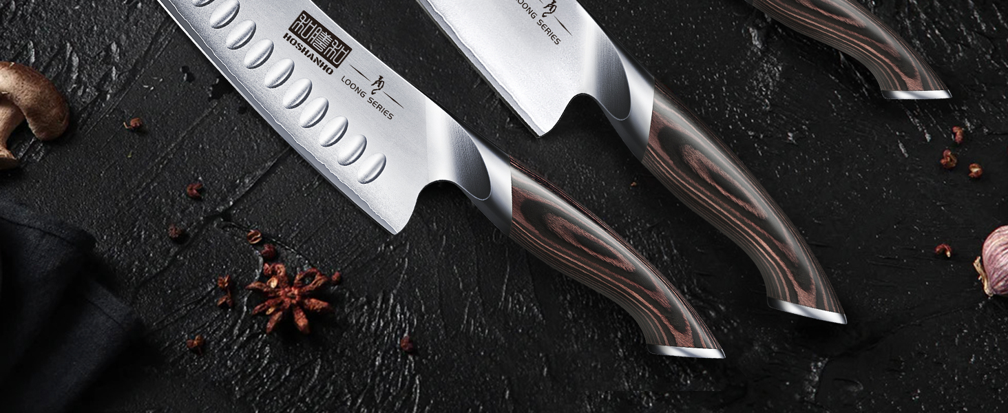HOSHANHO 8-Piece Knife Set with Wooden Block - Professional Stainless Steel Kitchen Knife Set for Cooking