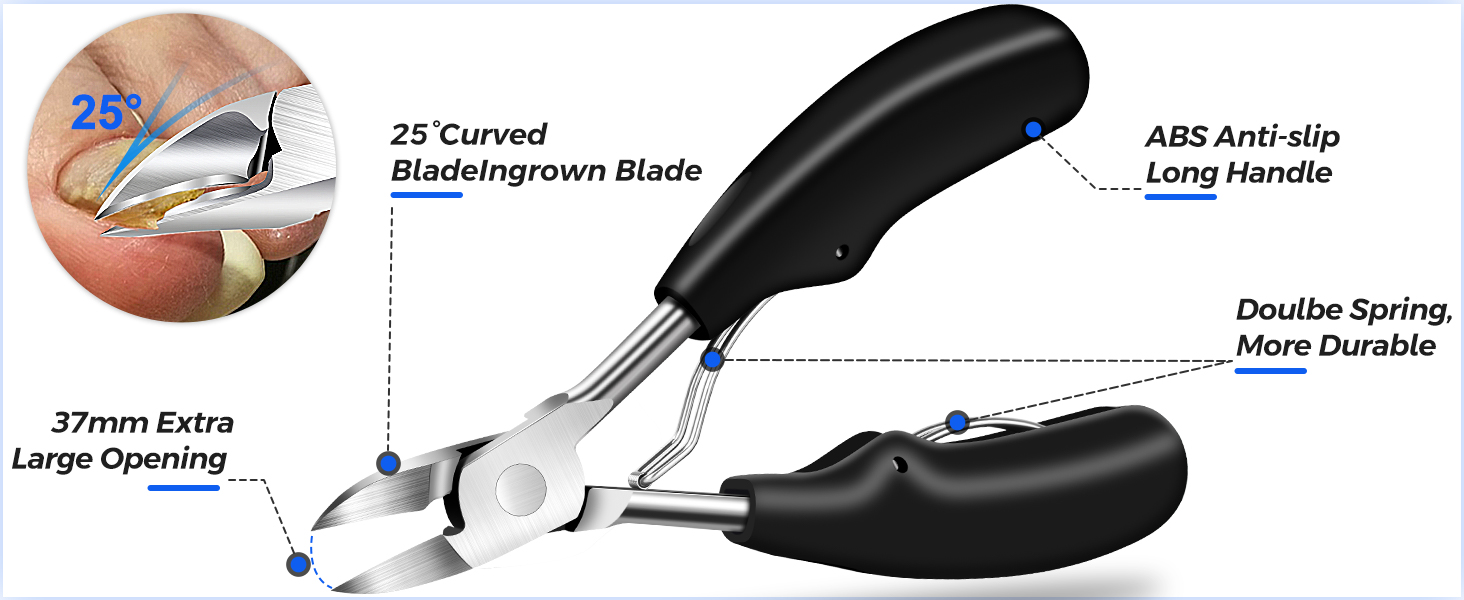 Ножиці для товстих нігтів, кутовий гострий нігтьовий кліпер для ніг з контейнером для чоловіків, довга ручка, вигнута леза (чорний)