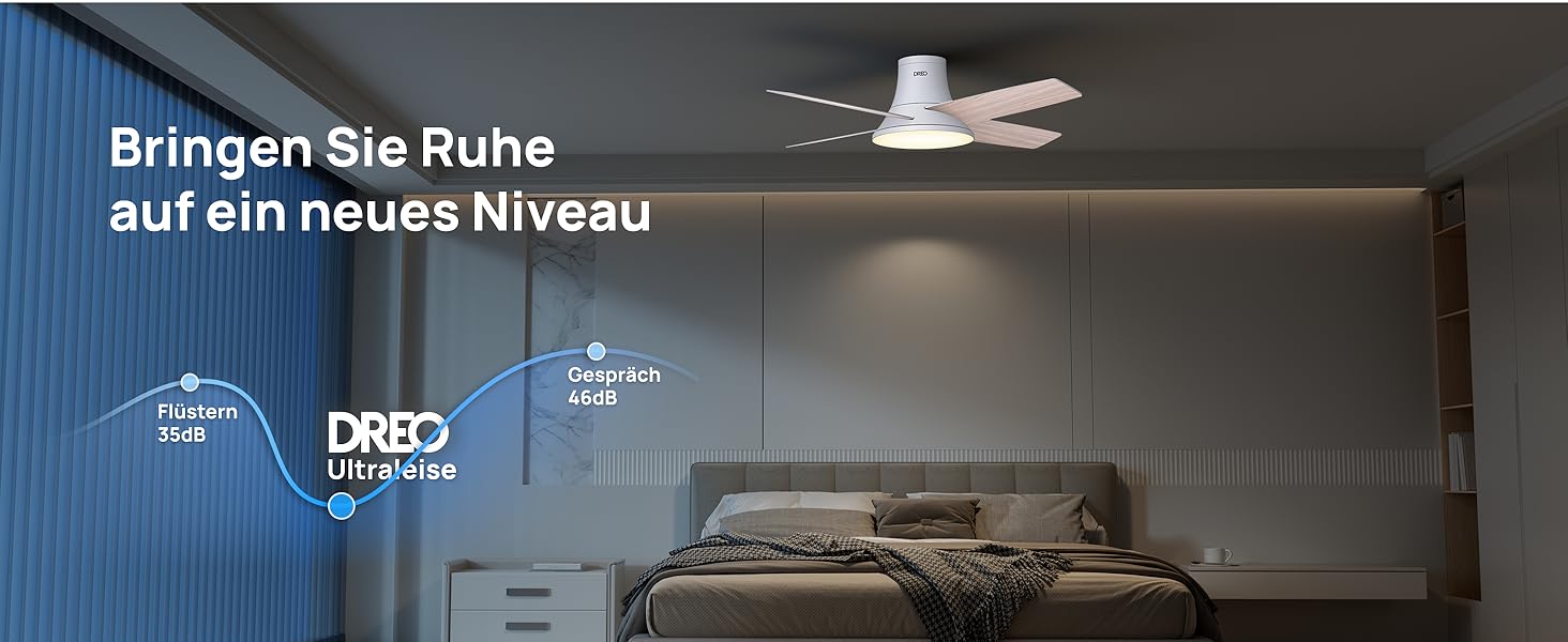 Вентилятор стельовий Dreo з підсвічуванням та пультом, 112 см, чорний, 5 лопатей, 6 рівнів регулювання яскравості, 6 швидкостей, тихий, таймер, легка збірка, для спальні