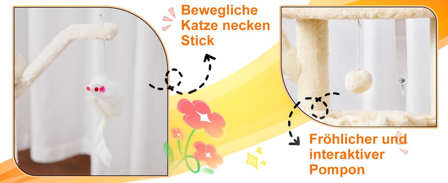 Котячий будиночок Heybly Kratzbaum: 100 см, з платформою, печерею, 2 гамаками та іграшками. Активний котячий будиночок, HCT006SG (Бежевий)