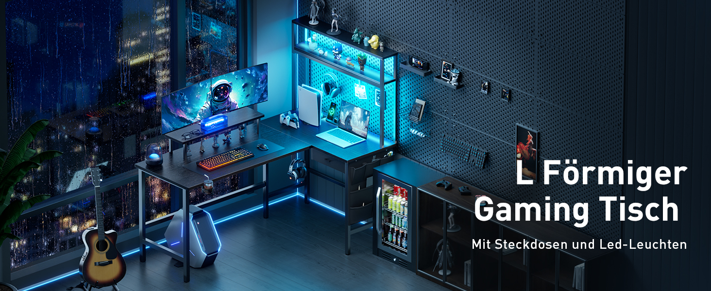 Ігровий стіл кутовий 150x100 см з 3 розетками та 2 USB, реверсивний, з LED підсвічуванням, з ящиками та підставкою для монітора, чорний