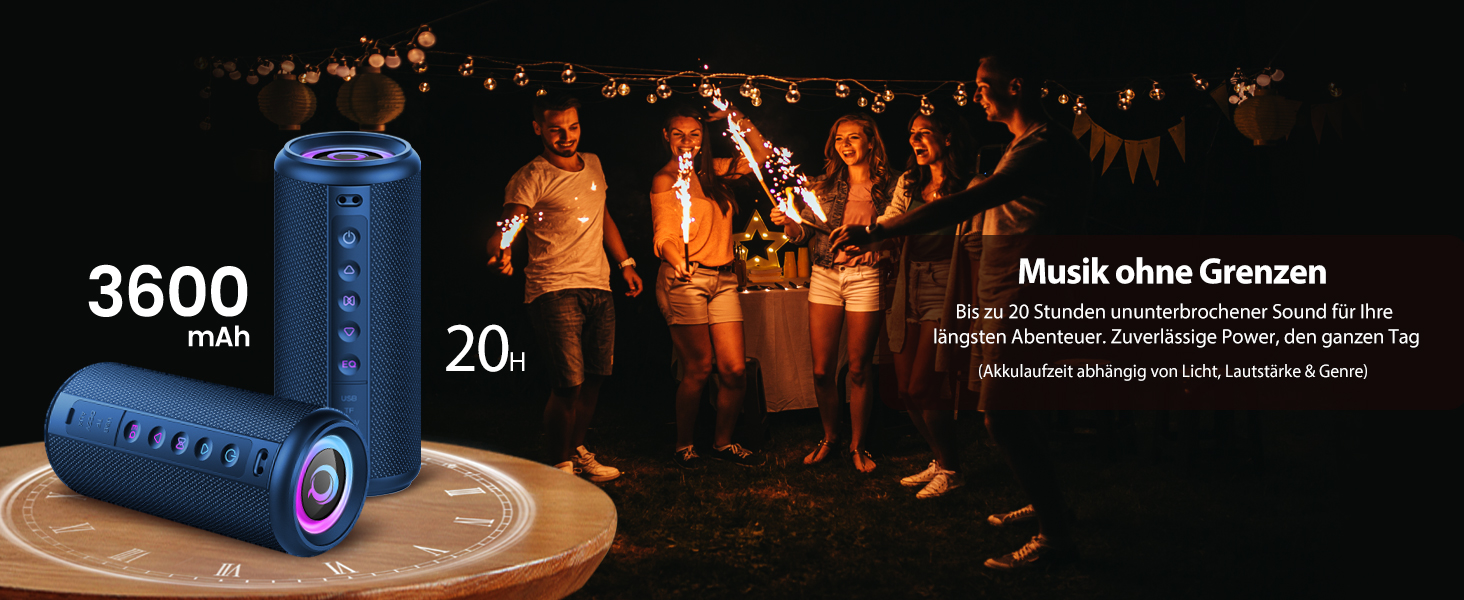 Bluetooth колонка 2026 з RGB підсвіткою, портативна, водонепроникна IP7, 20 годин роботи, з мікрофоном, для спорту, саду, вулиці - блакитна