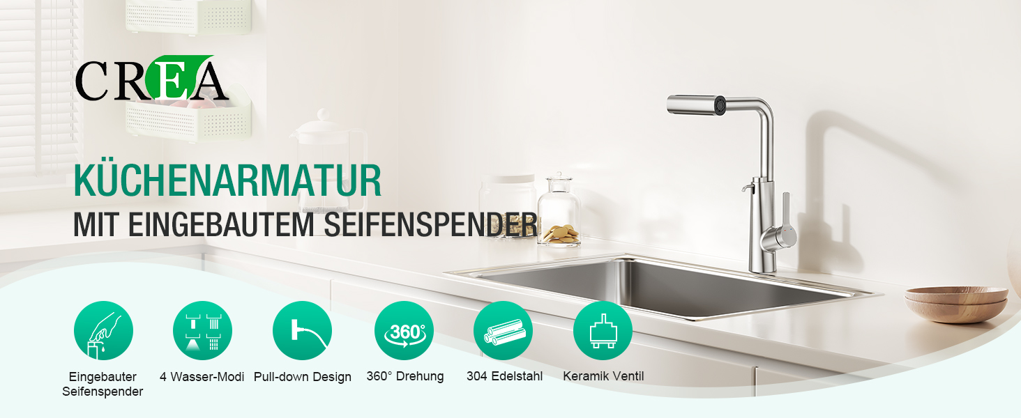 Змішувач для кухні CREA Wasserfall з висувною лійкою, нержавіюча сталь, з дозатором мила, поворотний на 360°, 4 режими струменя, водоспадний ефект