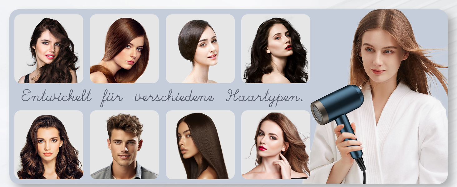 Іонізатор для волосся Föhn, 1800W, з насадкою-дифузором, 3 режими температури, безліч налаштувань швидкості, портативний фен (блакитний)